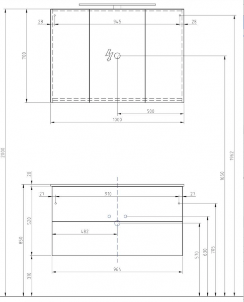 Perfecta - Badmöbelblock WT Set mit Keramikwaschtisch 100 x 45 cm, weiss Hochglanz